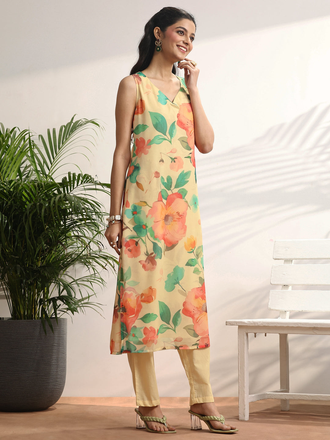 Yellow Printed Chiffon Straight Suit Set With Dupatta