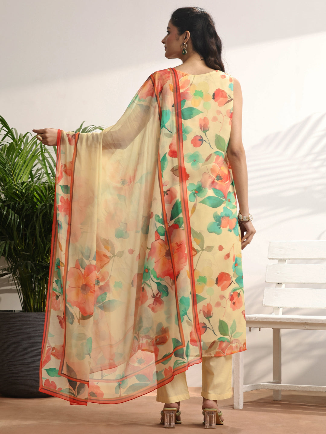 Yellow Printed Chiffon Straight Suit Set With Dupatta