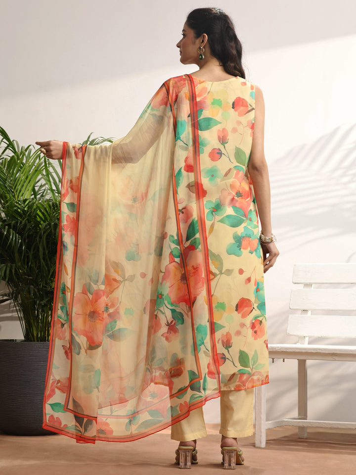 Yellow Printed Chiffon Straight Suit Set With Dupatta