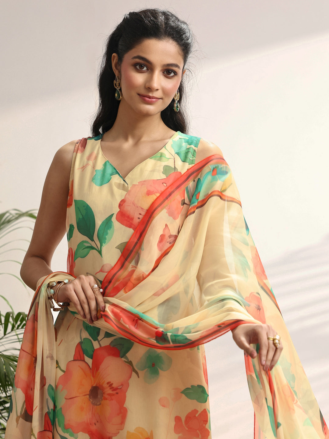 Yellow Printed Chiffon Straight Suit Set With Dupatta