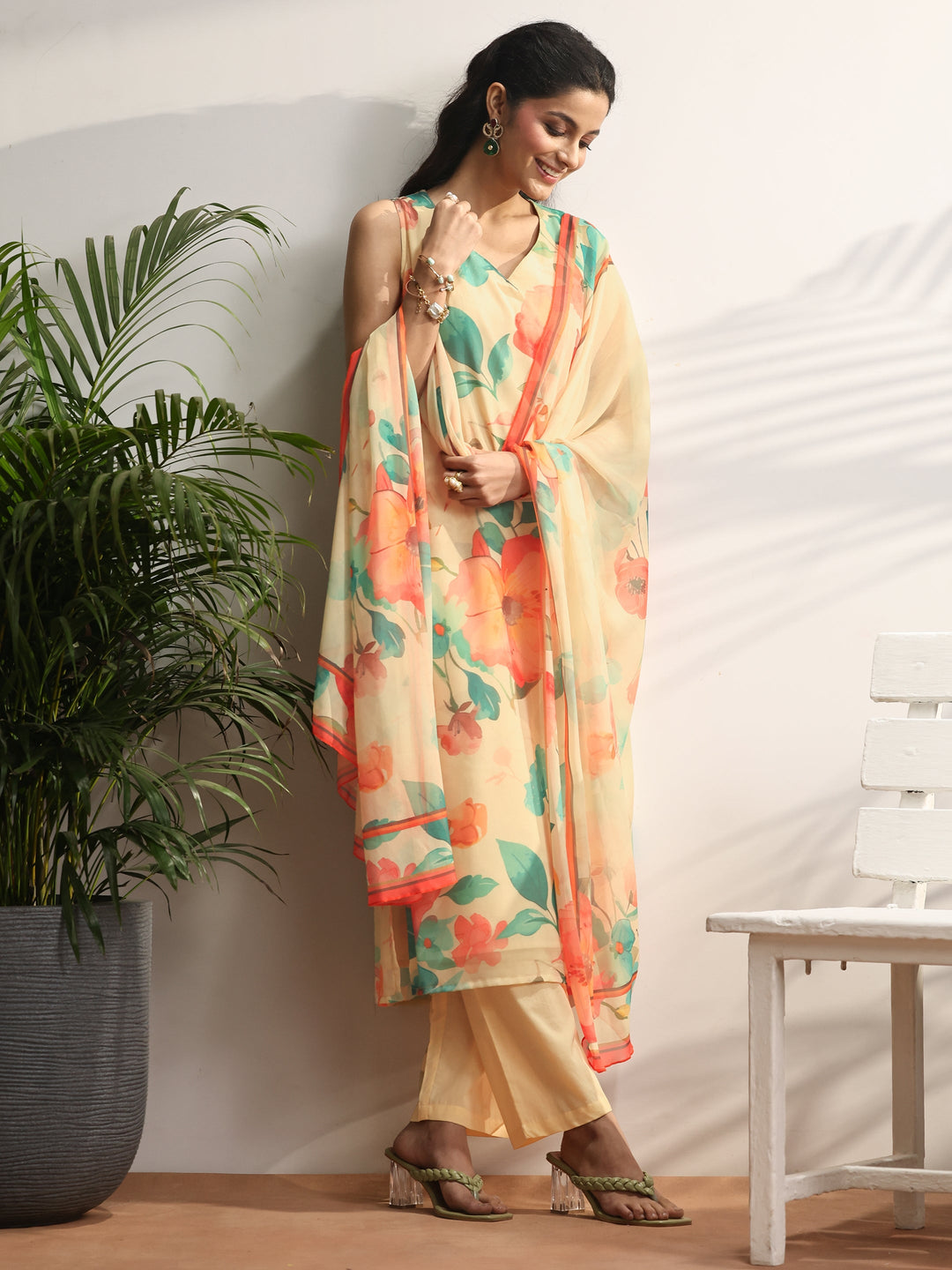Yellow Printed Chiffon Straight Suit Set With Dupatta