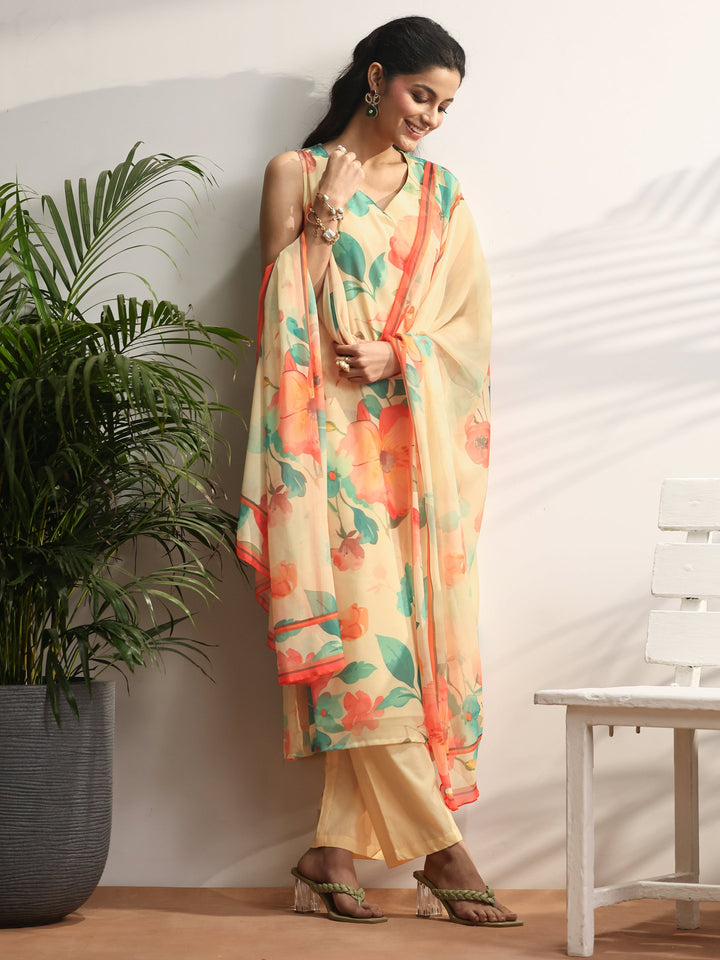 Yellow Printed Chiffon Straight Suit Set With Dupatta