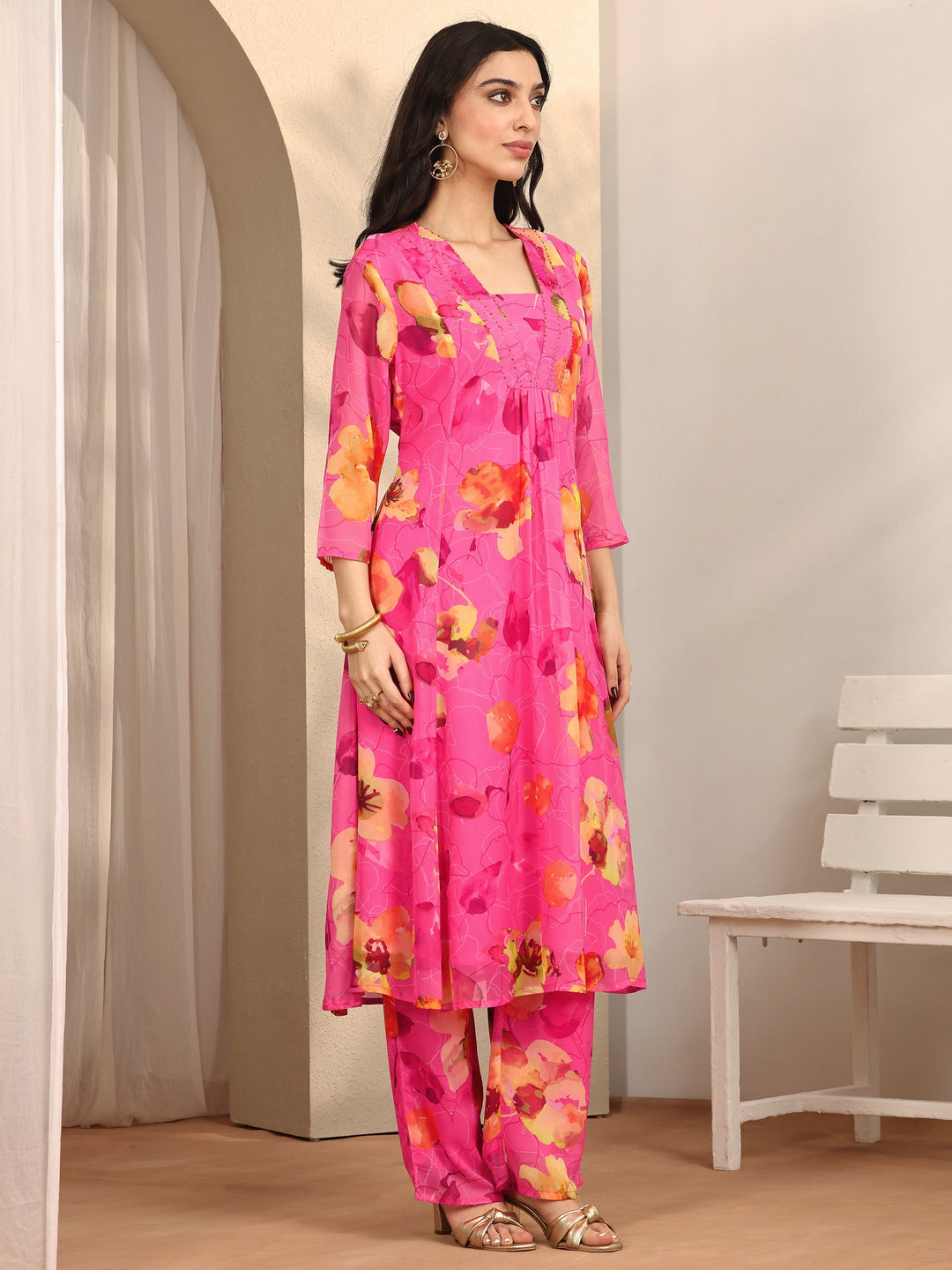 Pink Printed Chiffon A-line Kurta Set
