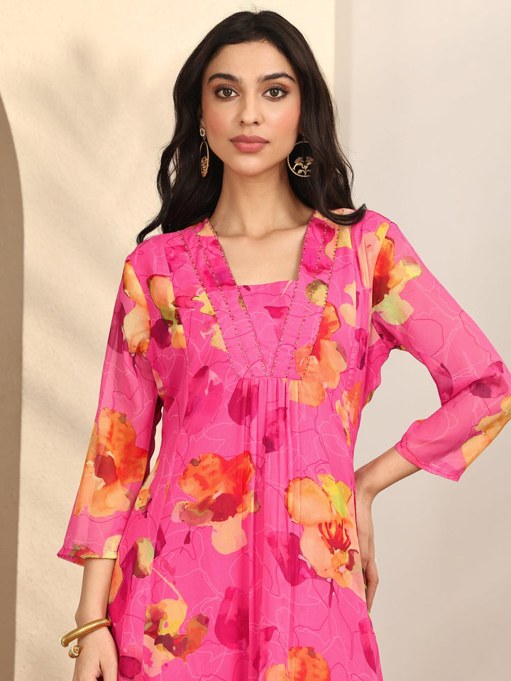 Pink Printed Chiffon A-line Kurta Set