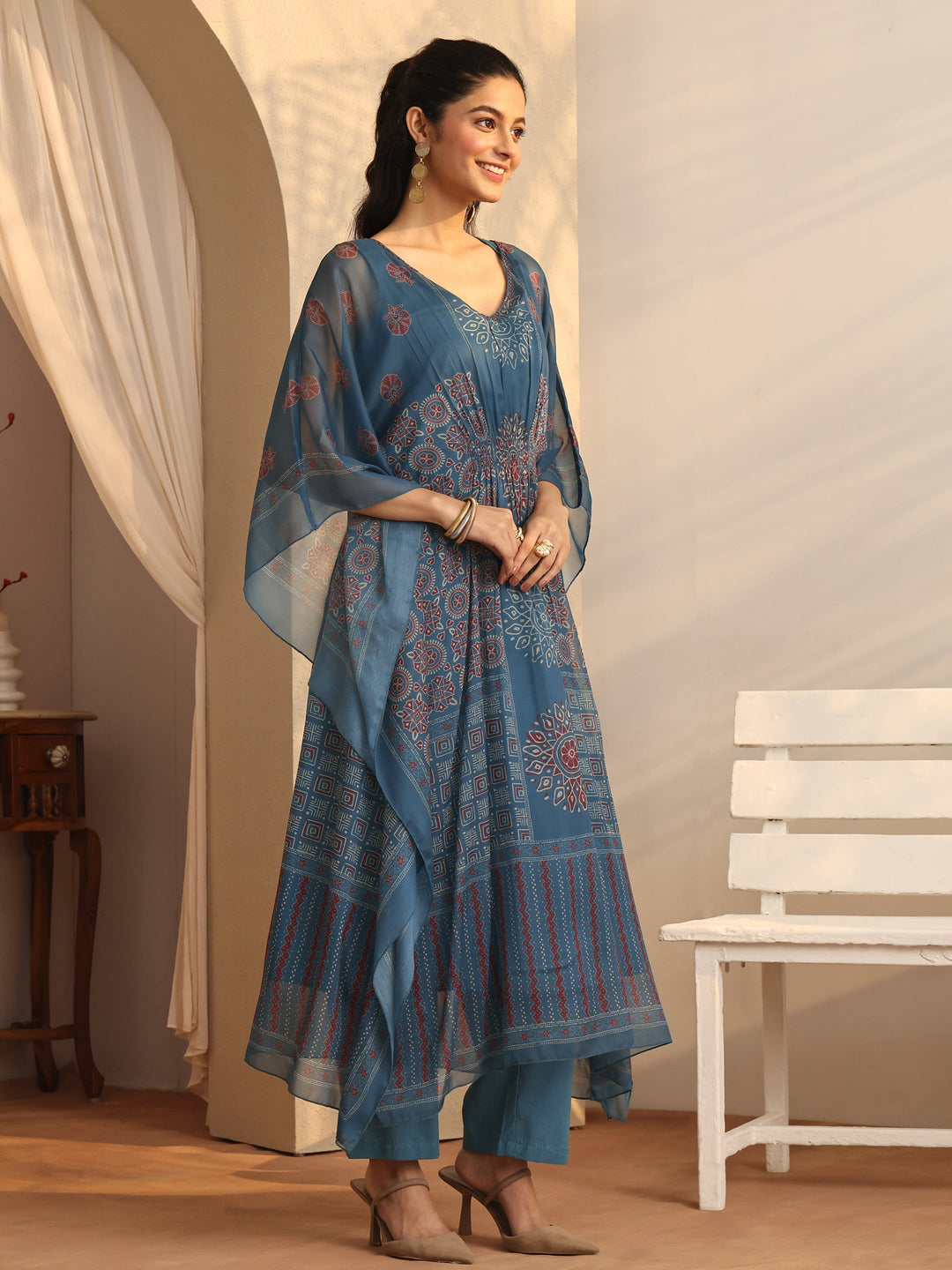 Teal  Printed Chiffon Straight Kurta Set