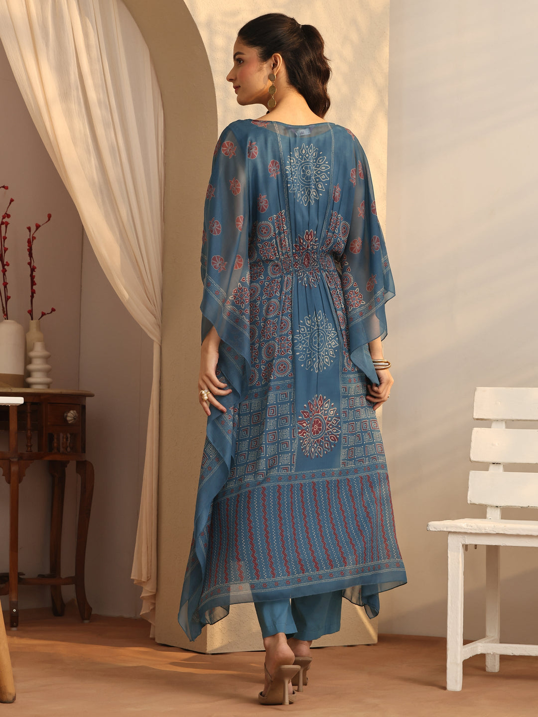 Teal  Printed Chiffon Straight Kurta Set