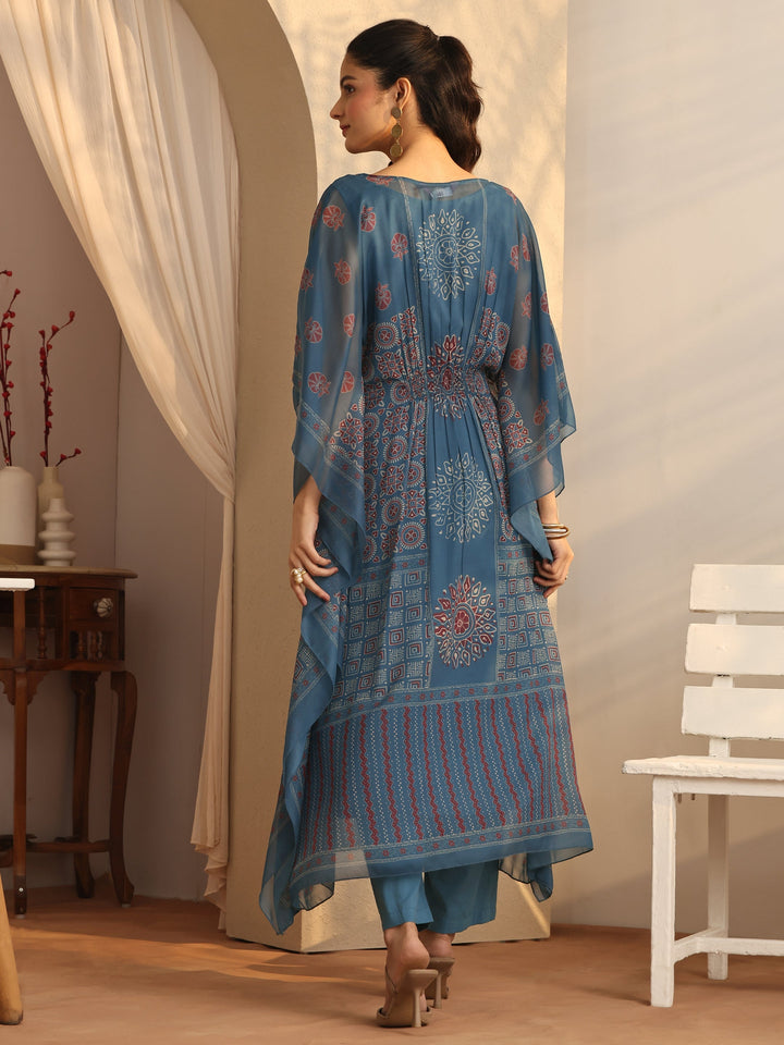 Teal  Printed Chiffon Straight Kurta Set