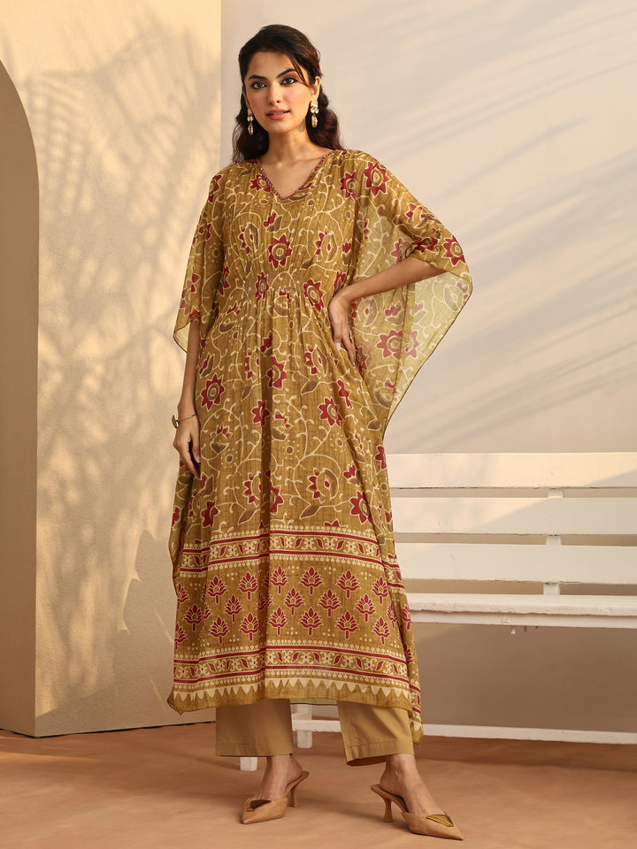 Mustard Printed Chiffon A-Line Kurta Set