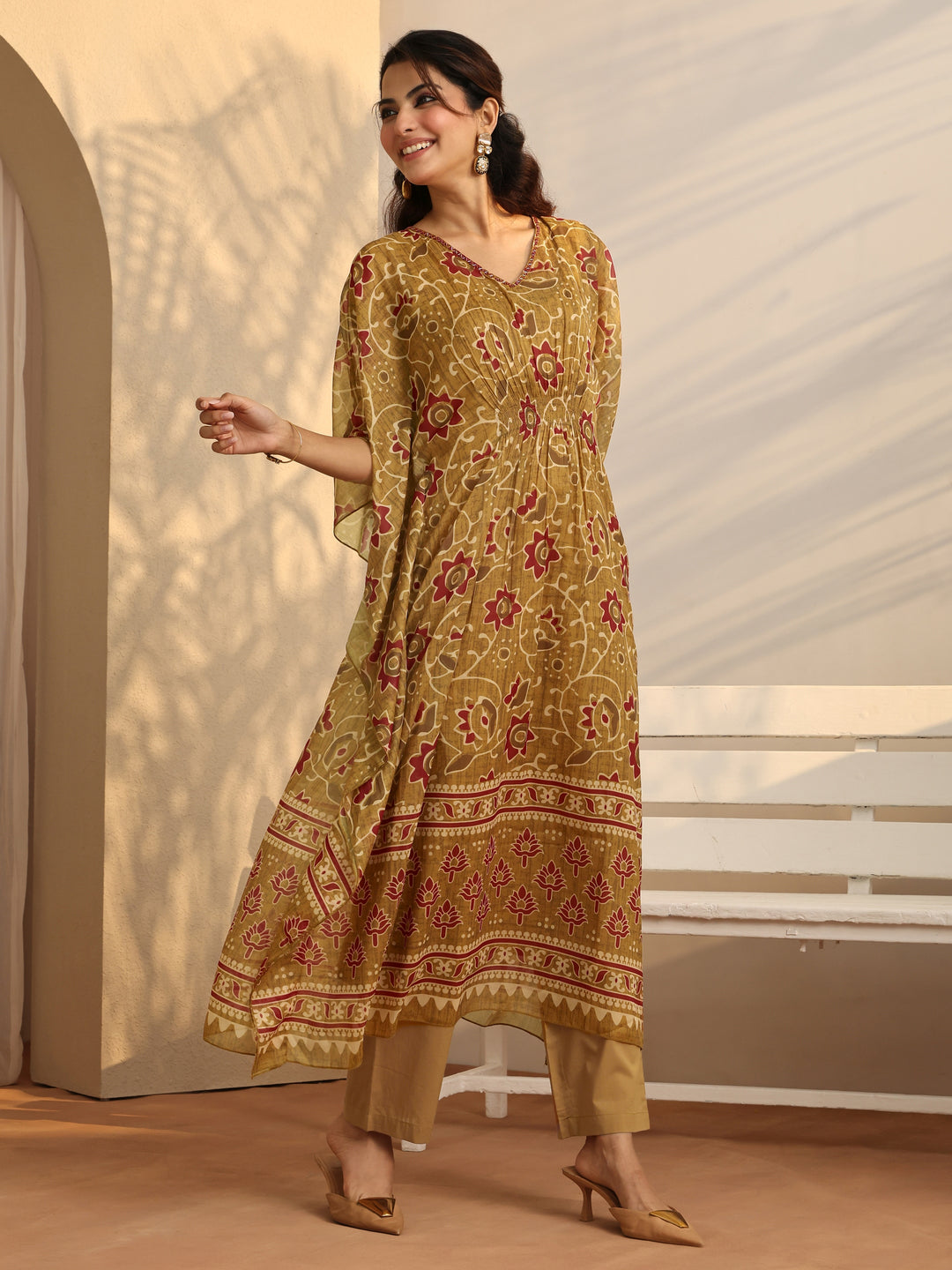 Mustard Printed Chiffon A-Line Kurta Set