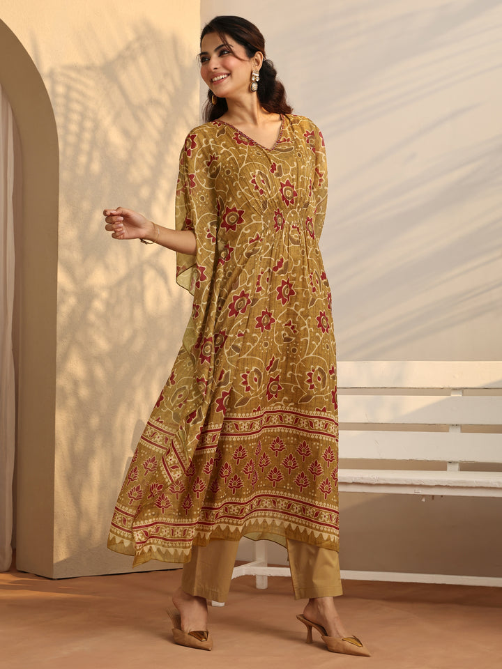 Mustard Printed Chiffon A-Line Kurta Set