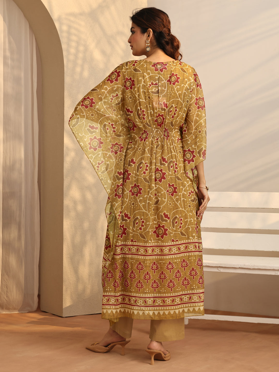 Mustard Printed Chiffon A-Line Kurta Set