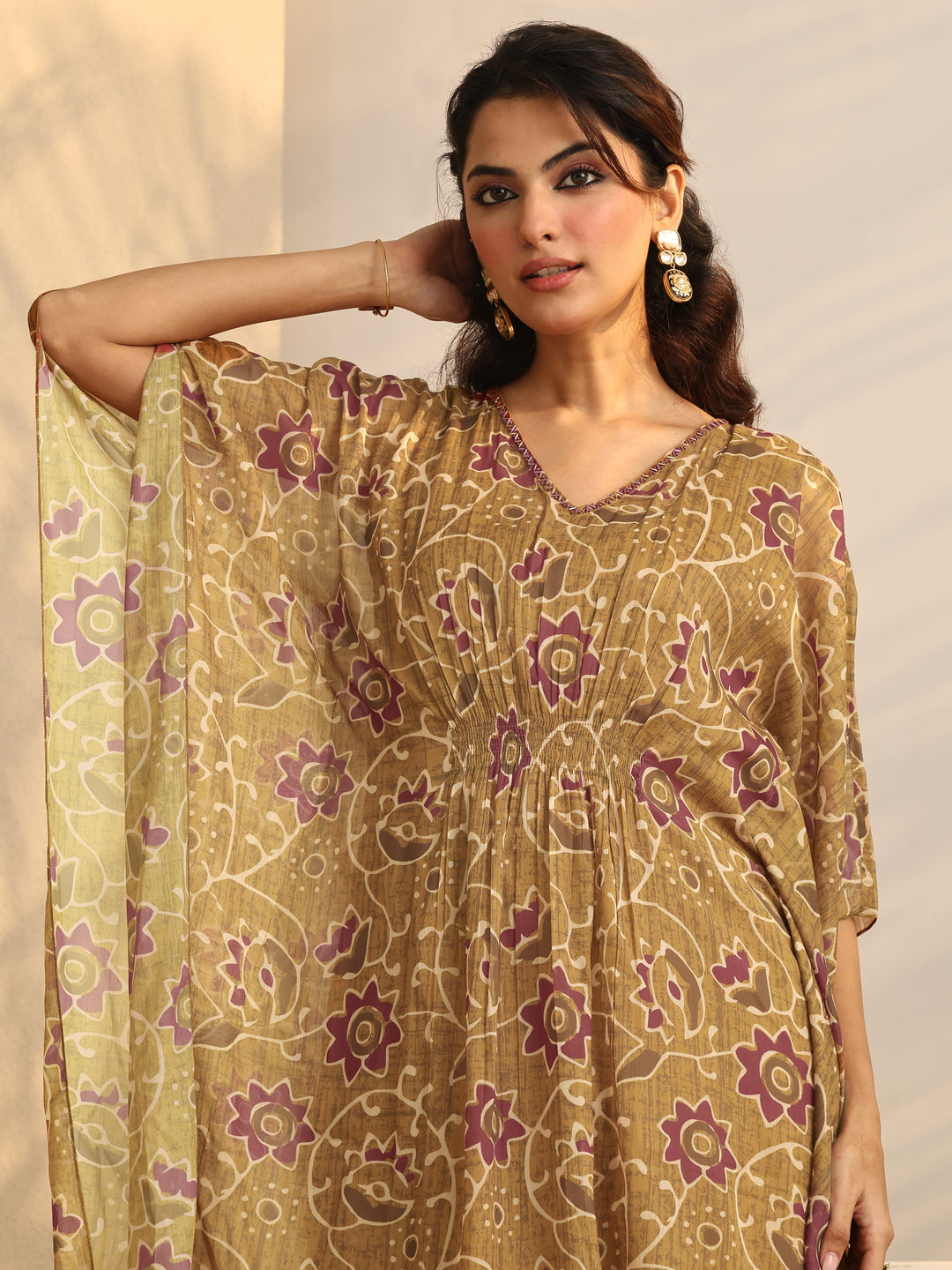 Mustard Printed Chiffon A-Line Kurta Set