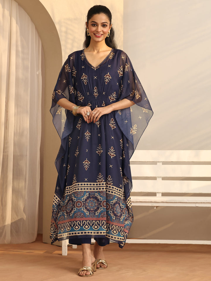 Navy blue Printed Chiffon A-Line Kurta Set