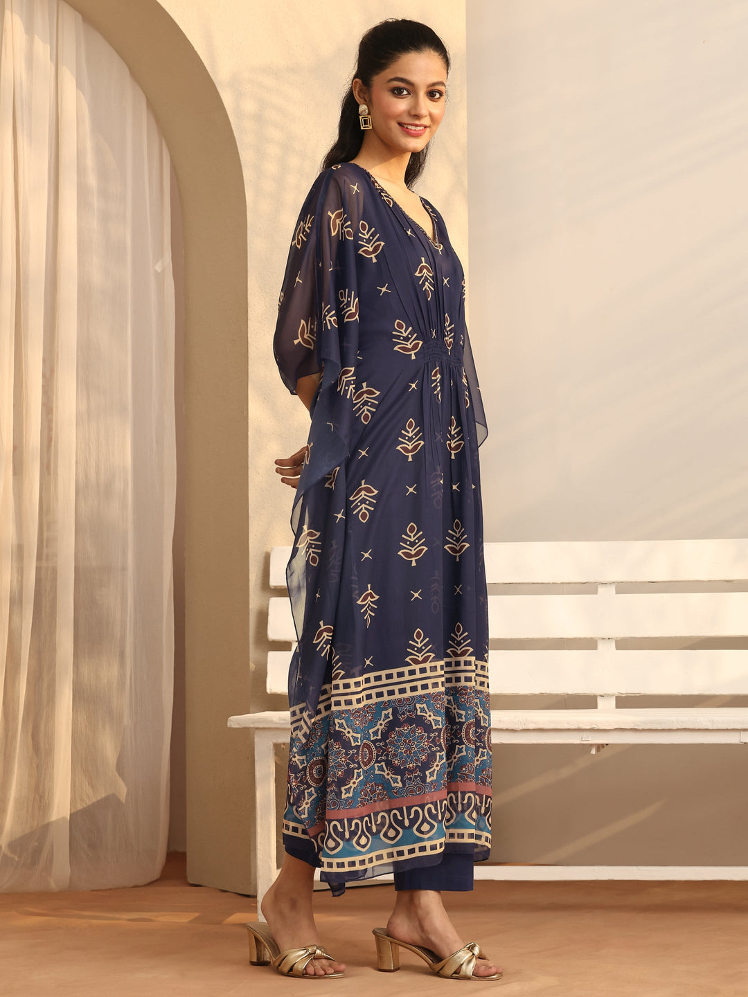 Navy blue Printed Chiffon A-Line Kurta Set