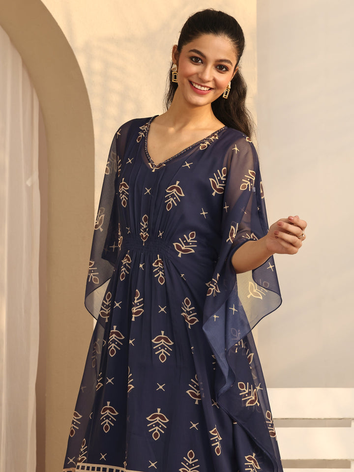 Navy blue Printed Chiffon A-Line Kurta Set