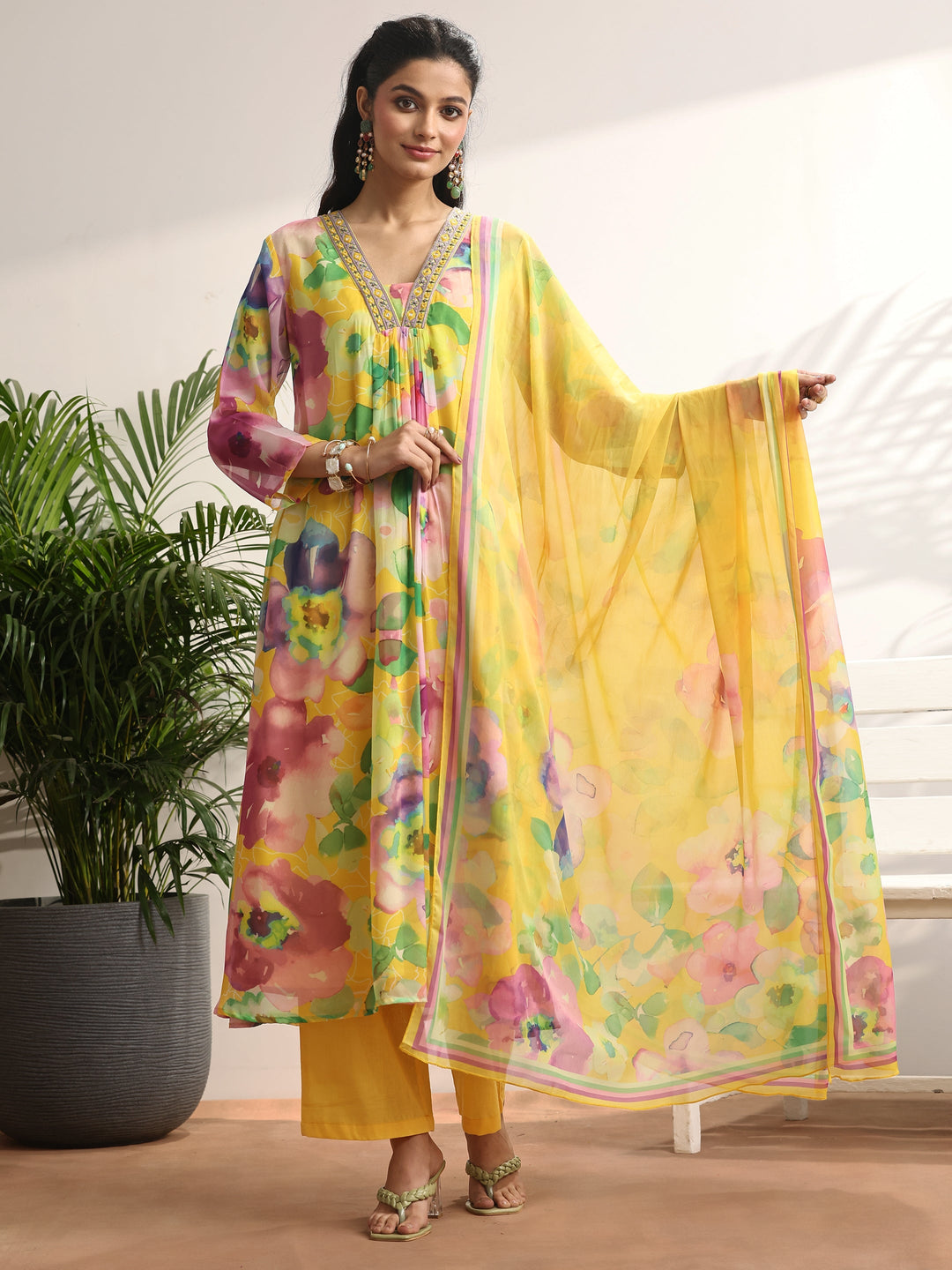 Mustard Printed Chiffon A-line Suit Set With Dupatta