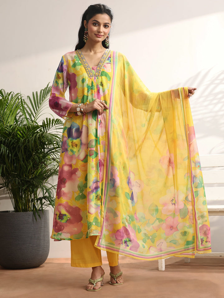 Mustard Printed Chiffon A-line Suit Set With Dupatta