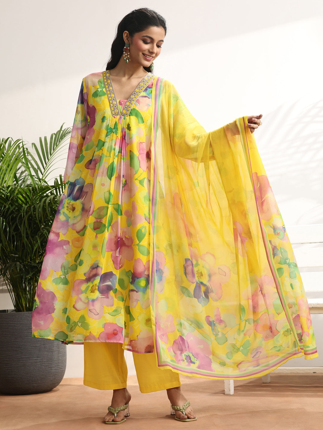 Mustard Printed Chiffon A-line Suit Set With Dupatta