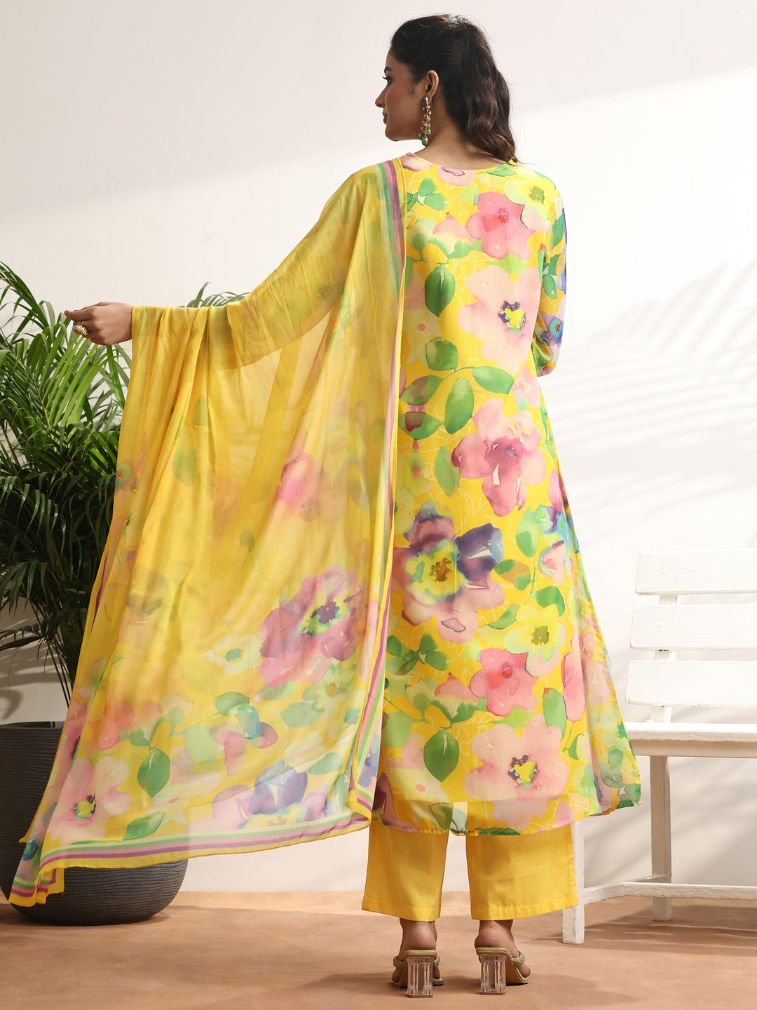 Mustard Printed Chiffon A-line Suit Set With Dupatta
