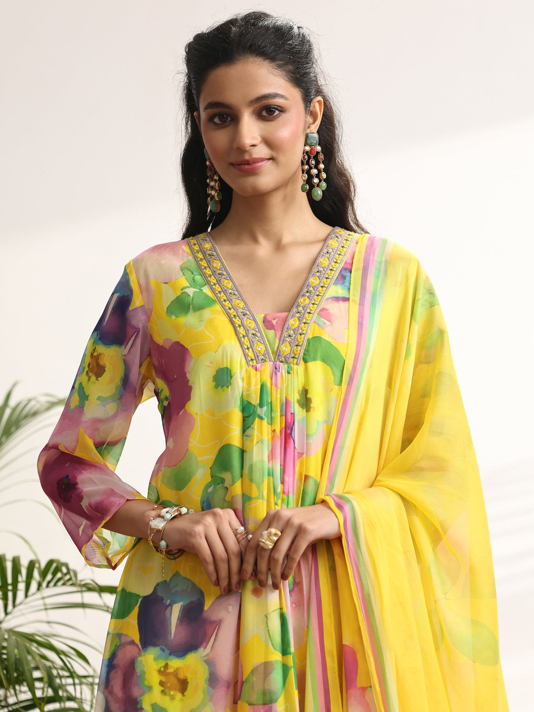 Mustard Printed Chiffon A-line Suit Set With Dupatta