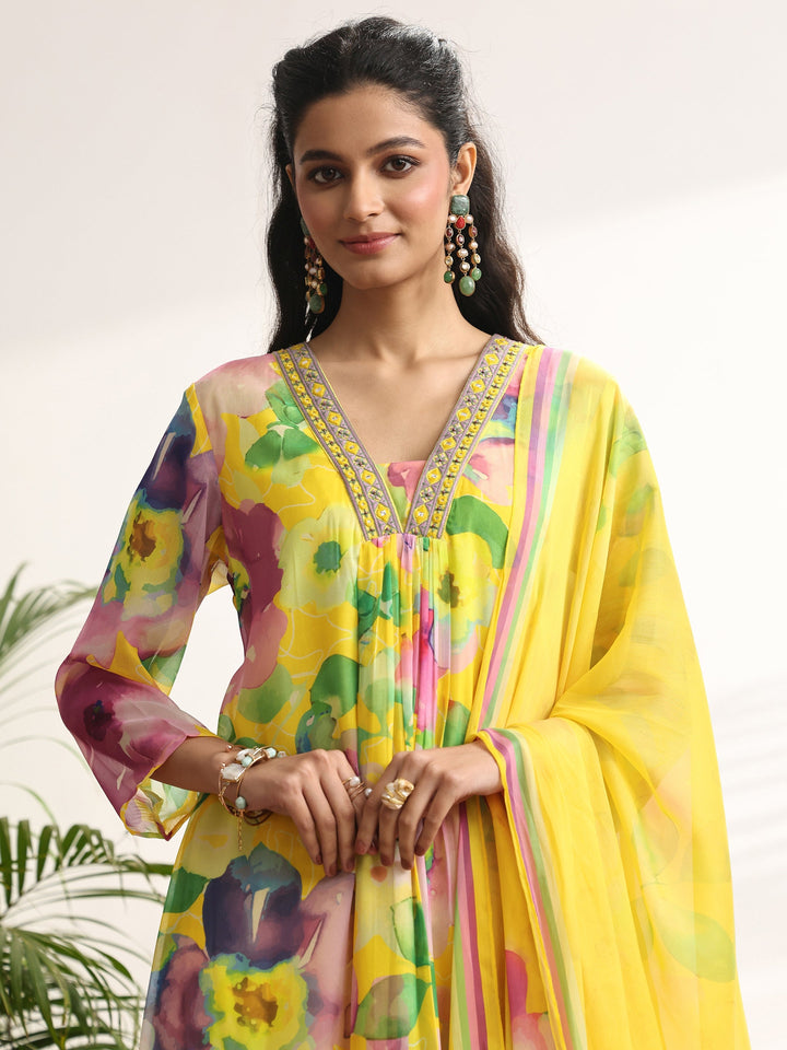 Mustard Printed Chiffon A-line Suit Set With Dupatta