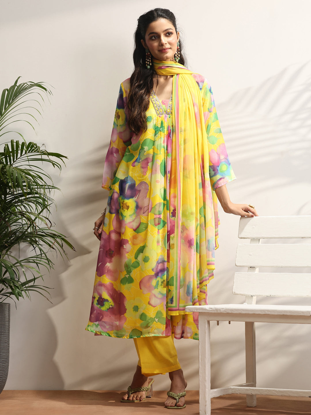 Mustard Printed Chiffon A-line Suit Set With Dupatta