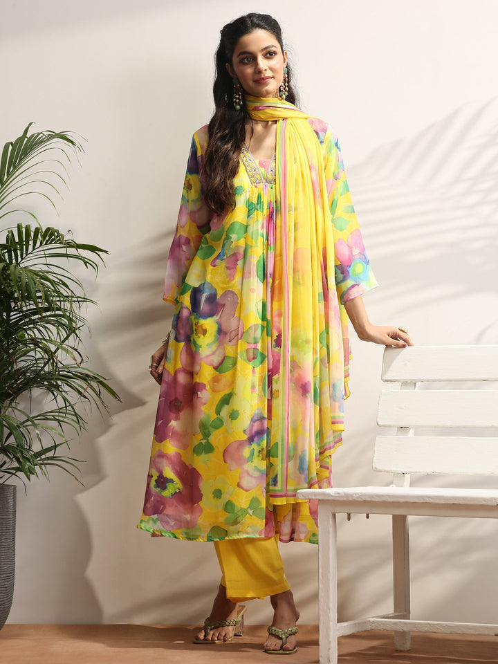 Mustard Printed Chiffon A-line Suit Set With Dupatta