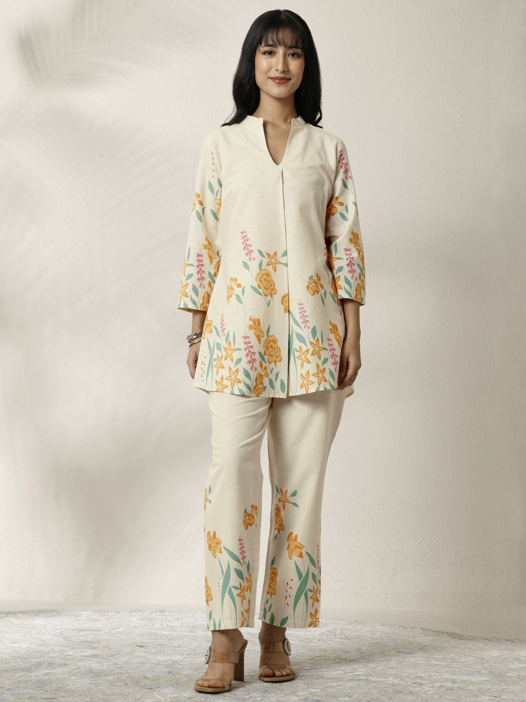 Off White Printed Cotton Blend Co-Ord Set