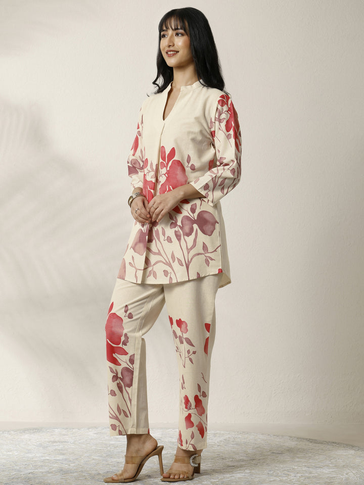 Off White Printed Cotton Blend Co-Ord Set