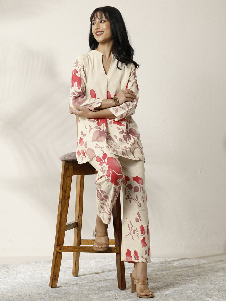Off White Printed Cotton Blend Co-Ord Set