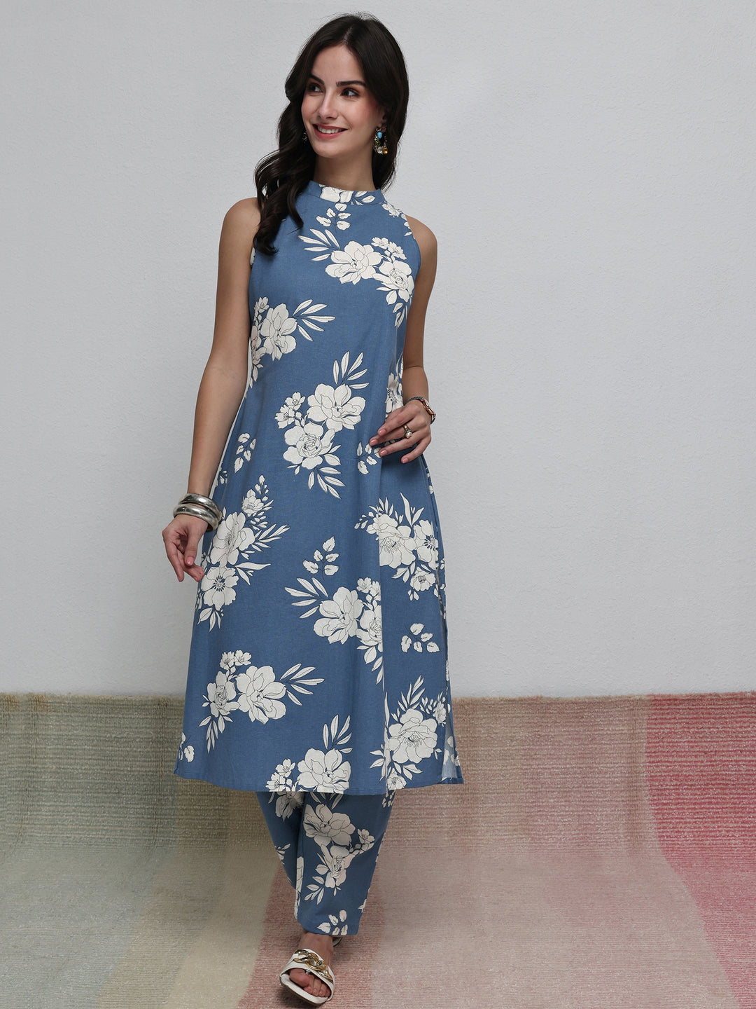Blue Floral Printed Cotton Blend Co-Ord Set