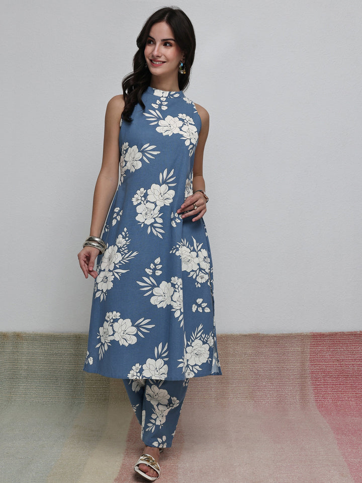 Blue Floral Printed Cotton Blend Co-Ord Set
