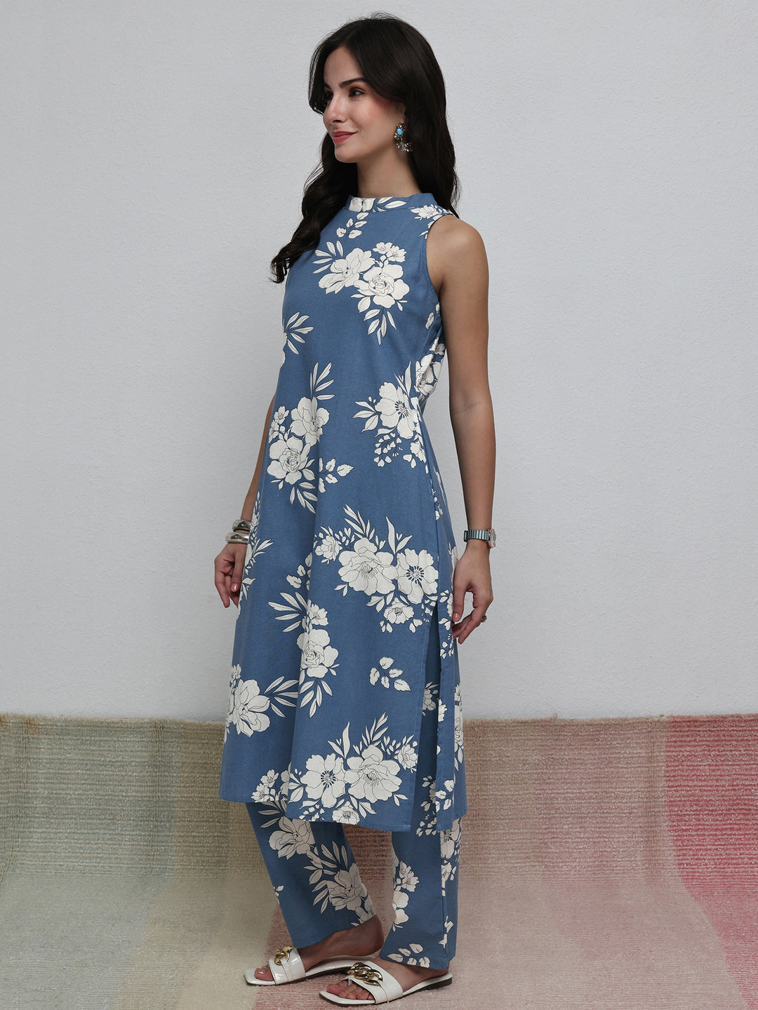 Blue Floral Printed Cotton Blend Co-Ord Set