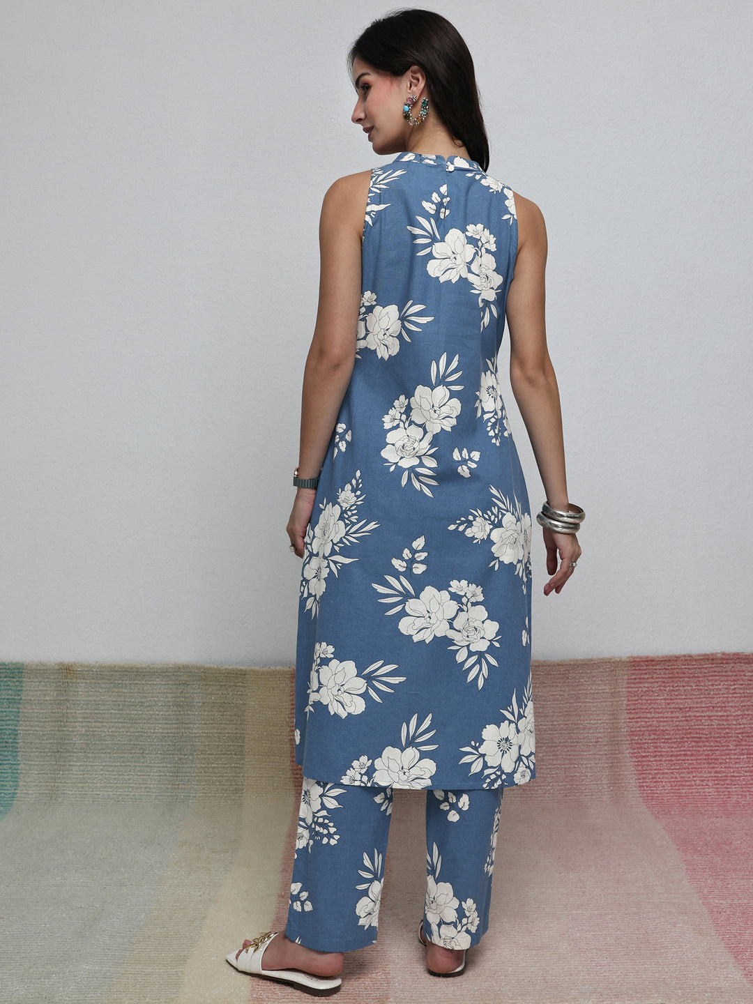 Blue Floral Printed Cotton Blend Co-Ord Set