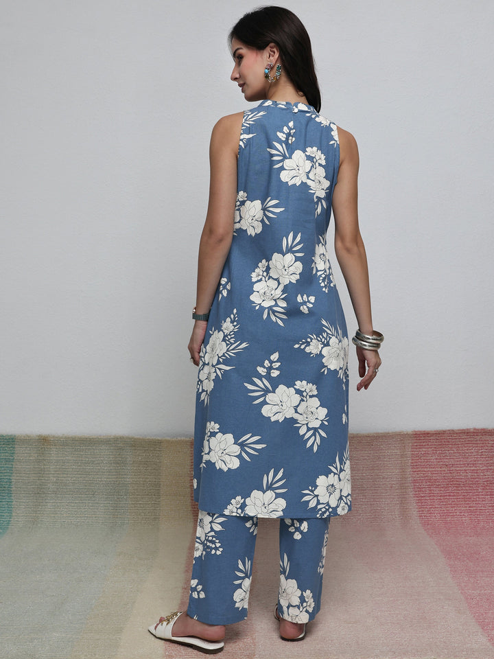 Blue Floral Printed Cotton Blend Co-Ord Set