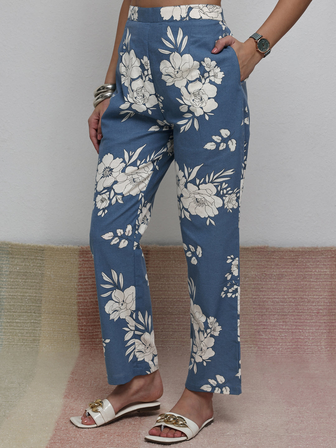 Blue Floral Printed Cotton Blend Co-Ord Set