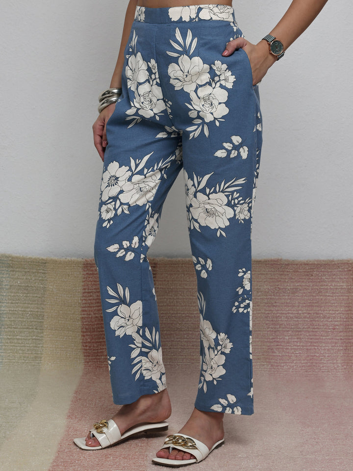 Blue Floral Printed Cotton Blend Co-Ord Set