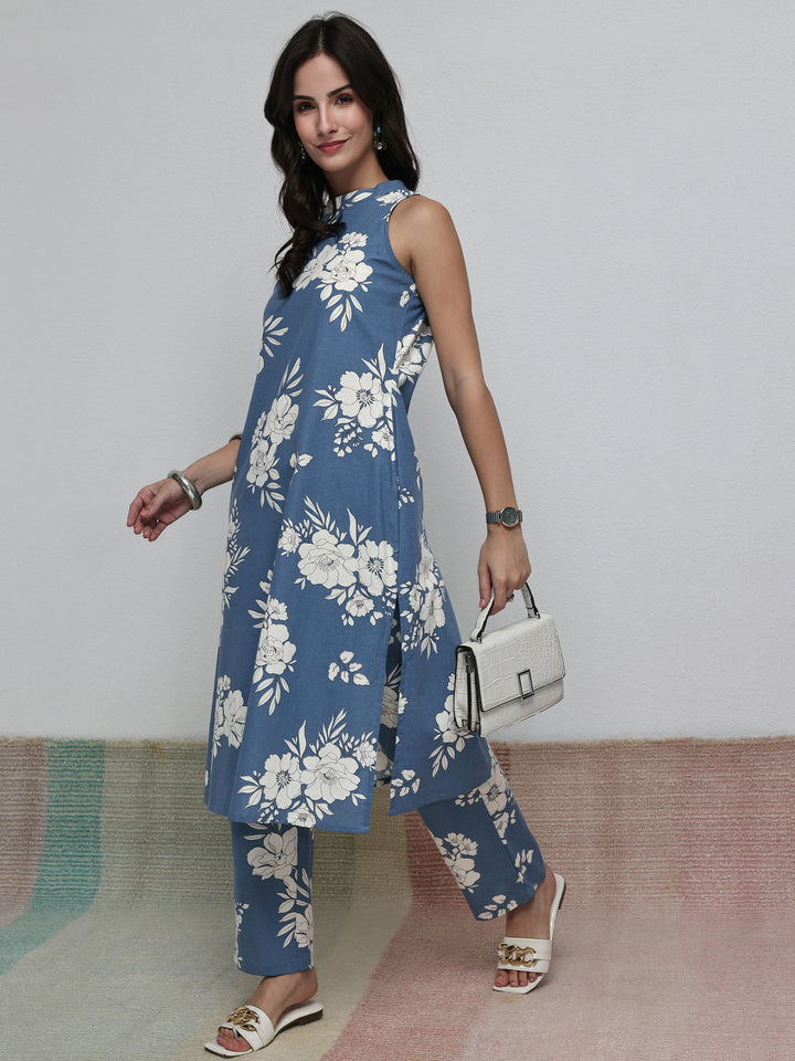 Blue Floral Printed Cotton Blend Co-Ord Set