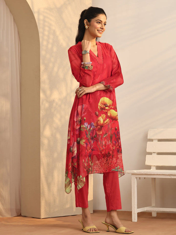 Red Printed Chiffon A-Line Kurta Set