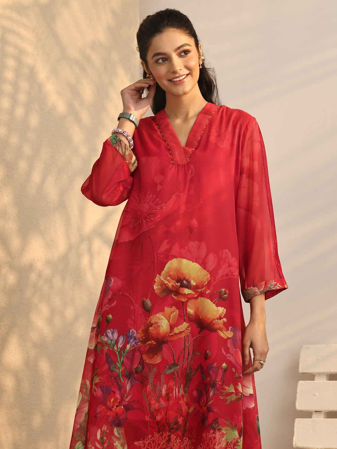 Red Printed Chiffon A-Line Kurta Set