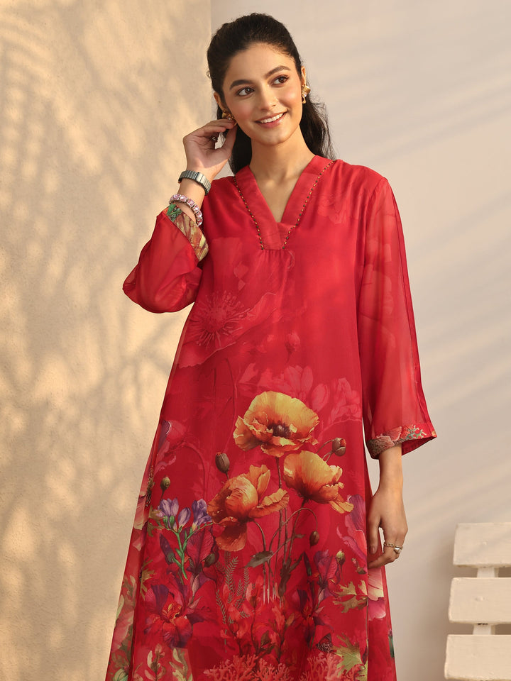 Red Printed Chiffon A-Line Kurta Set