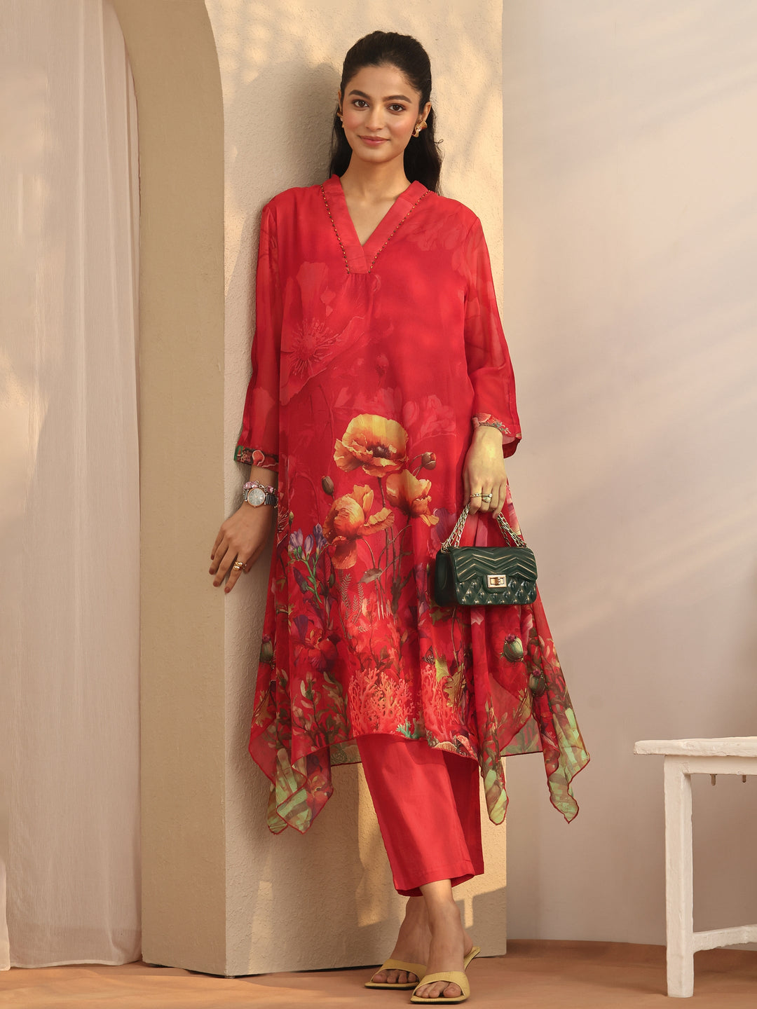 Red Printed Chiffon A-Line Kurta Set