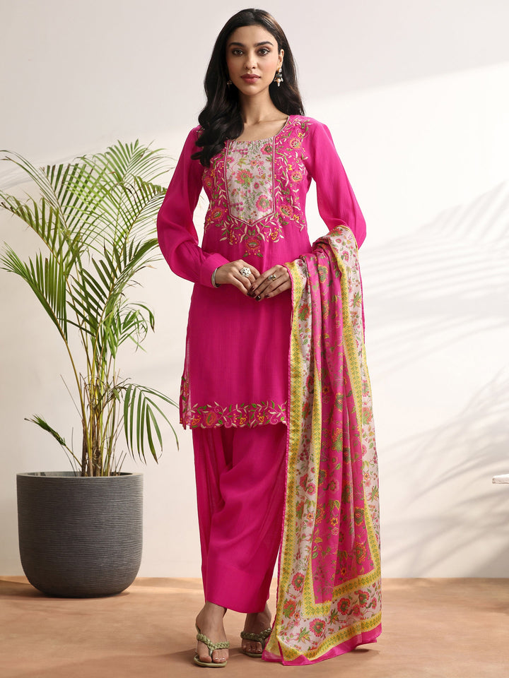 Pink Embroidered cotton blend Straight Suit Set With Dupatta