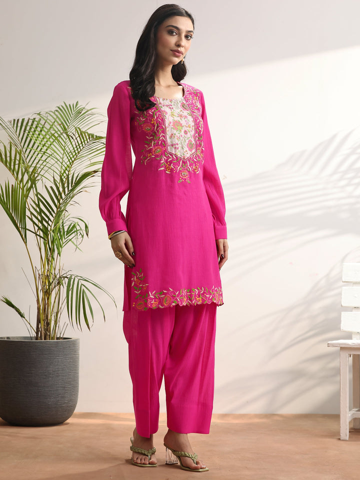 Pink Embroidered cotton blend Straight Suit Set With Dupatta