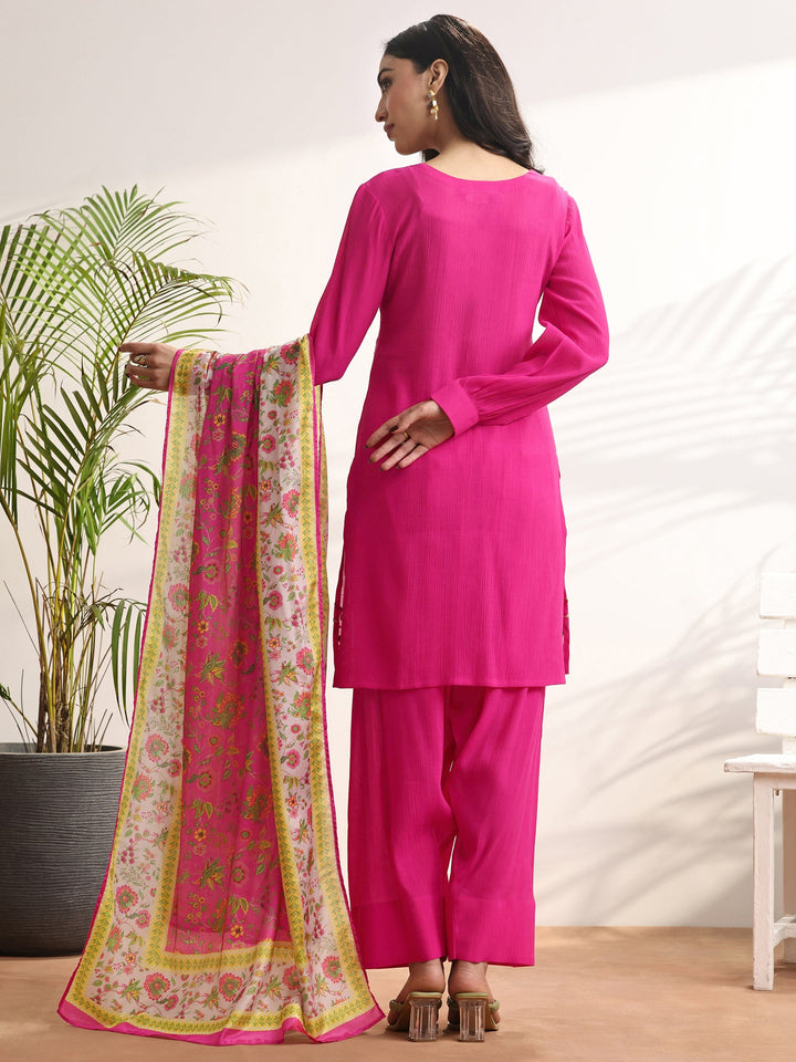 Pink Embroidered cotton blend Straight Suit Set With Dupatta