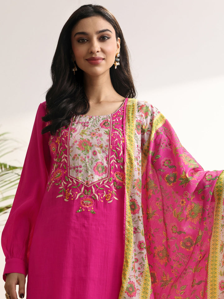 Pink Embroidered cotton blend Straight Suit Set With Dupatta