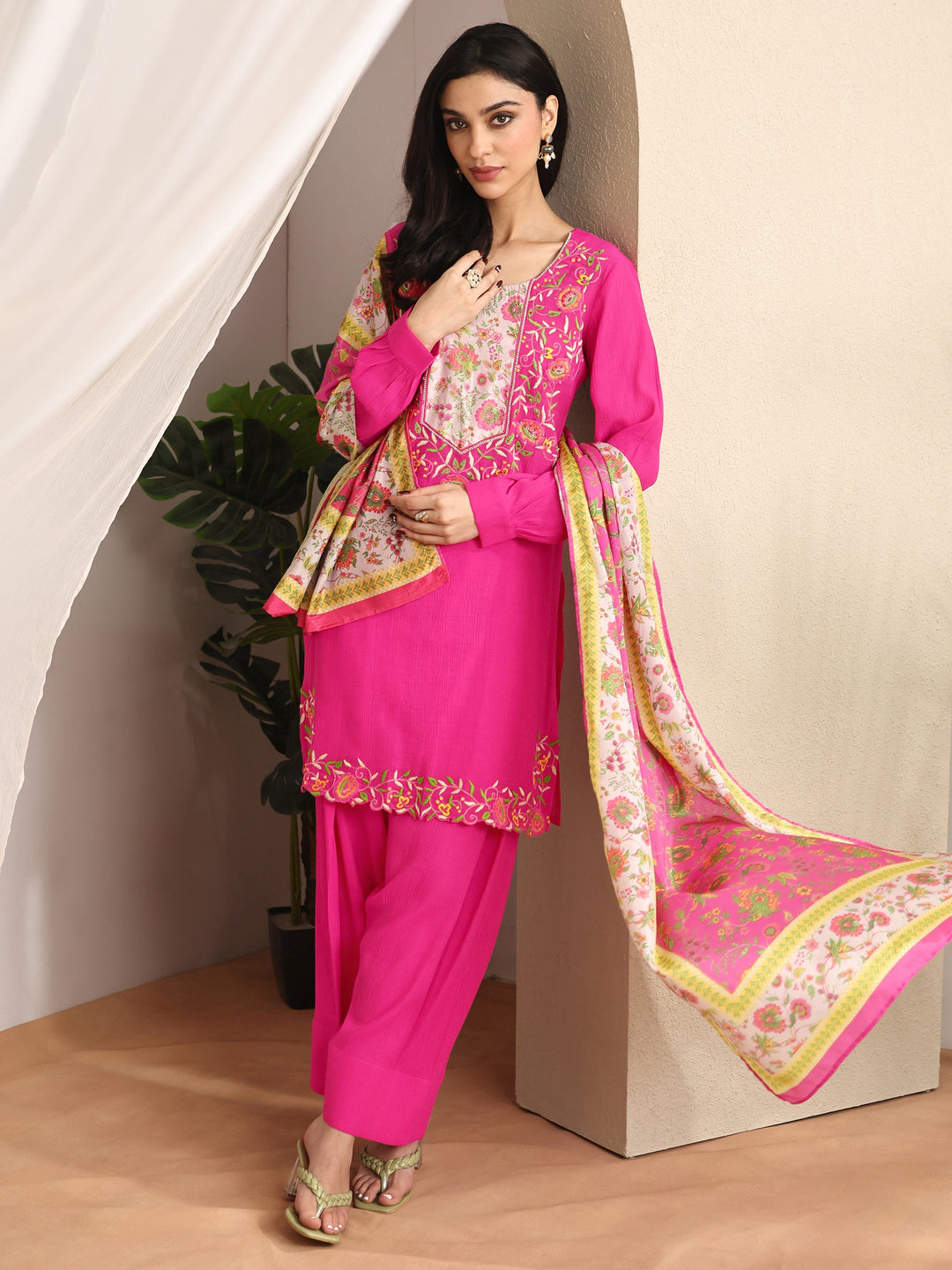 Pink Embroidered cotton blend Straight Suit Set With Dupatta