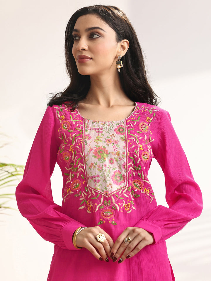 Pink Embroidered cotton blend Straight Suit Set With Dupatta