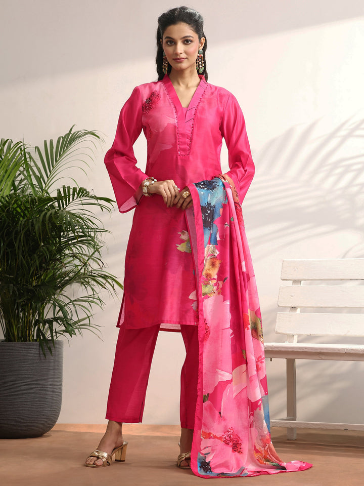 Red Printed Silk blend Straight Suit Set With Dupatta