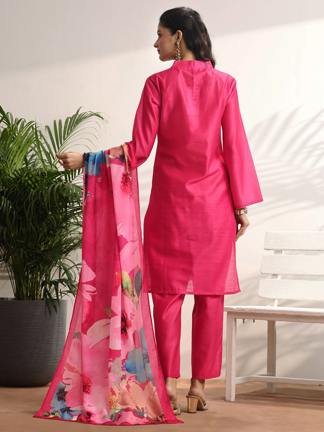 Red Printed Silk blend Straight Suit Set With Dupatta